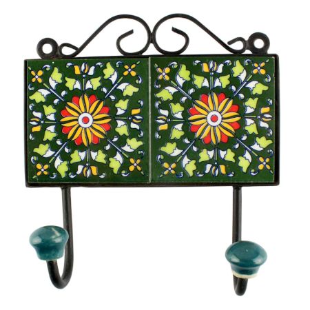 Wheel Flower Ceramic Tile Wall Hook in Forest Green